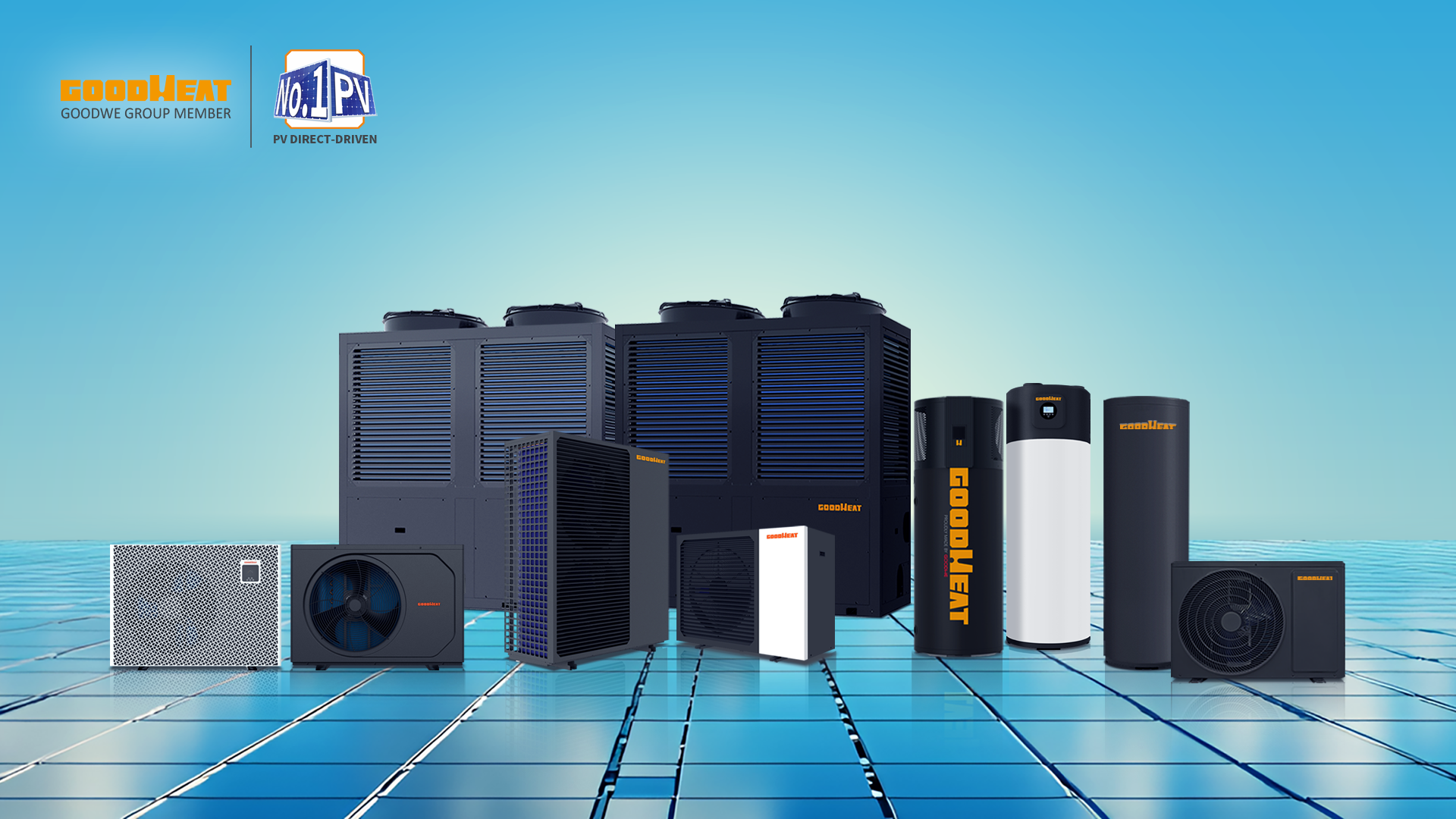GOODHEAT PV Direct-Driven heat pump portfolio featuring a full range of residential and commercial heat pump units displayed on a solar panel background, showcasing the integration of photovoltaic power with high-efficiency heating solutions