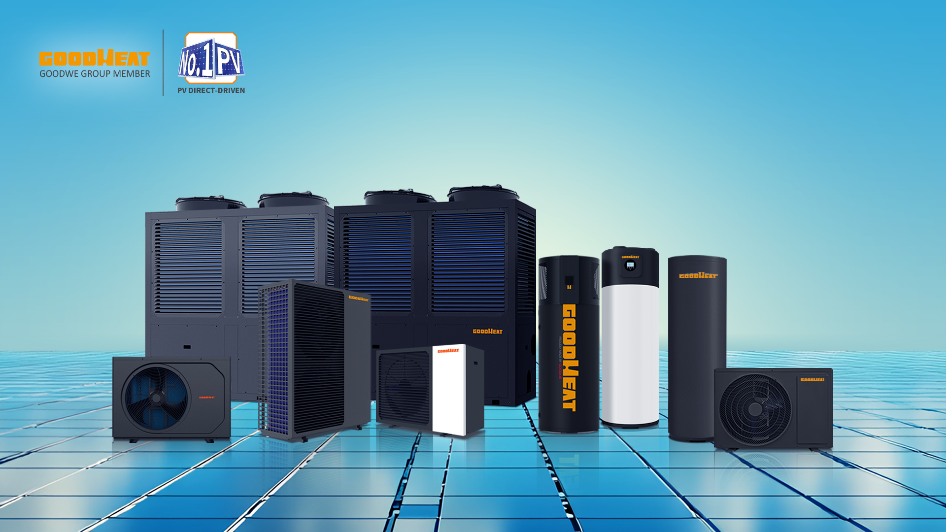 GOODHEAT PV Direct-Driven heat pump portfolio featuring a full range of residential and commercial heat pump units displayed on a solar panel background, showcasing the integration of photovoltaic power with high-efficiency heating solutions