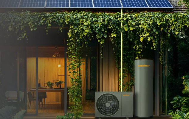 Bild eines PV-angetriebenen Wärmepumpensystems mit Sonnenkollektoren, die an eine Wärmepumpe angeschlossen sind und effizientes Erhitzen und Abkühlen durch erneuerbare Energien bieten.