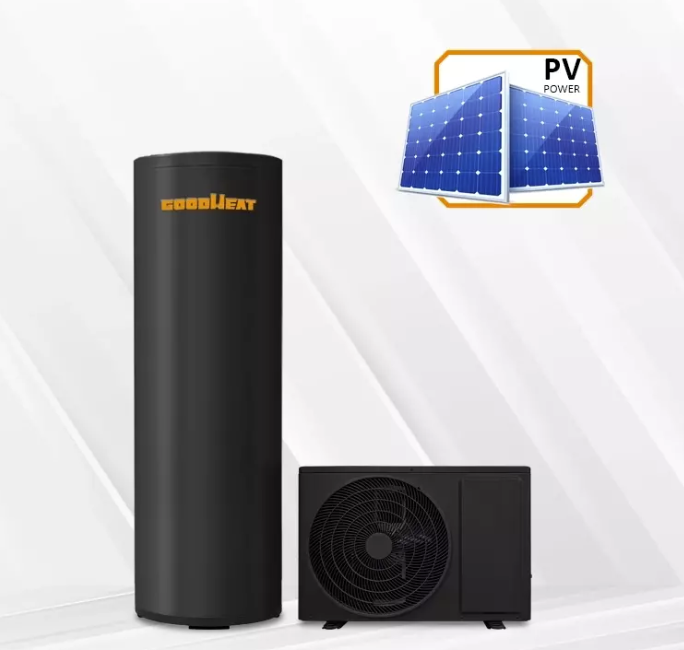 Image of a photovoltaic heat pump system, showcasing solar panels powering a heat pump for efficient heating and cooling.