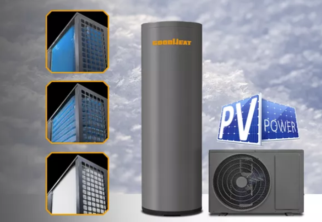 Image of a photovoltaic heat pump system, showcasing solar panels powering a heat pump for efficient heating and cooling.