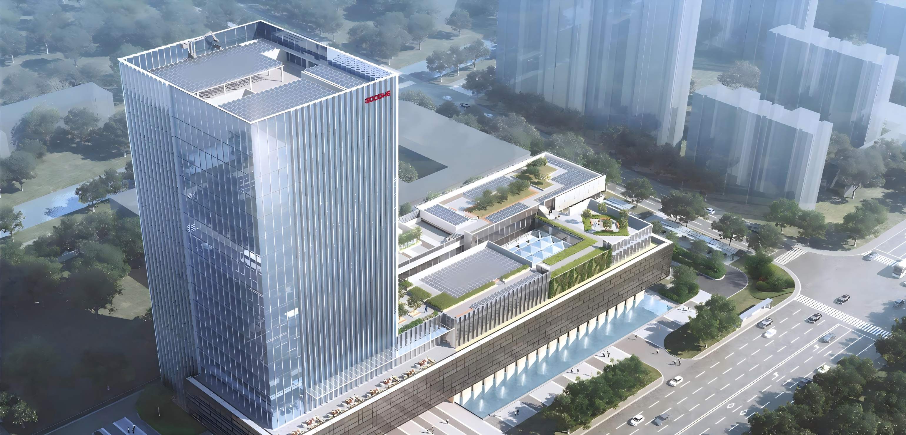 GOODWE Smart Energy Building with modern architectural design and rooftop solar systems, highlighting GOODHEAT as a member of the GOODWE Group and its commitment to smart, sustainable energy solutions