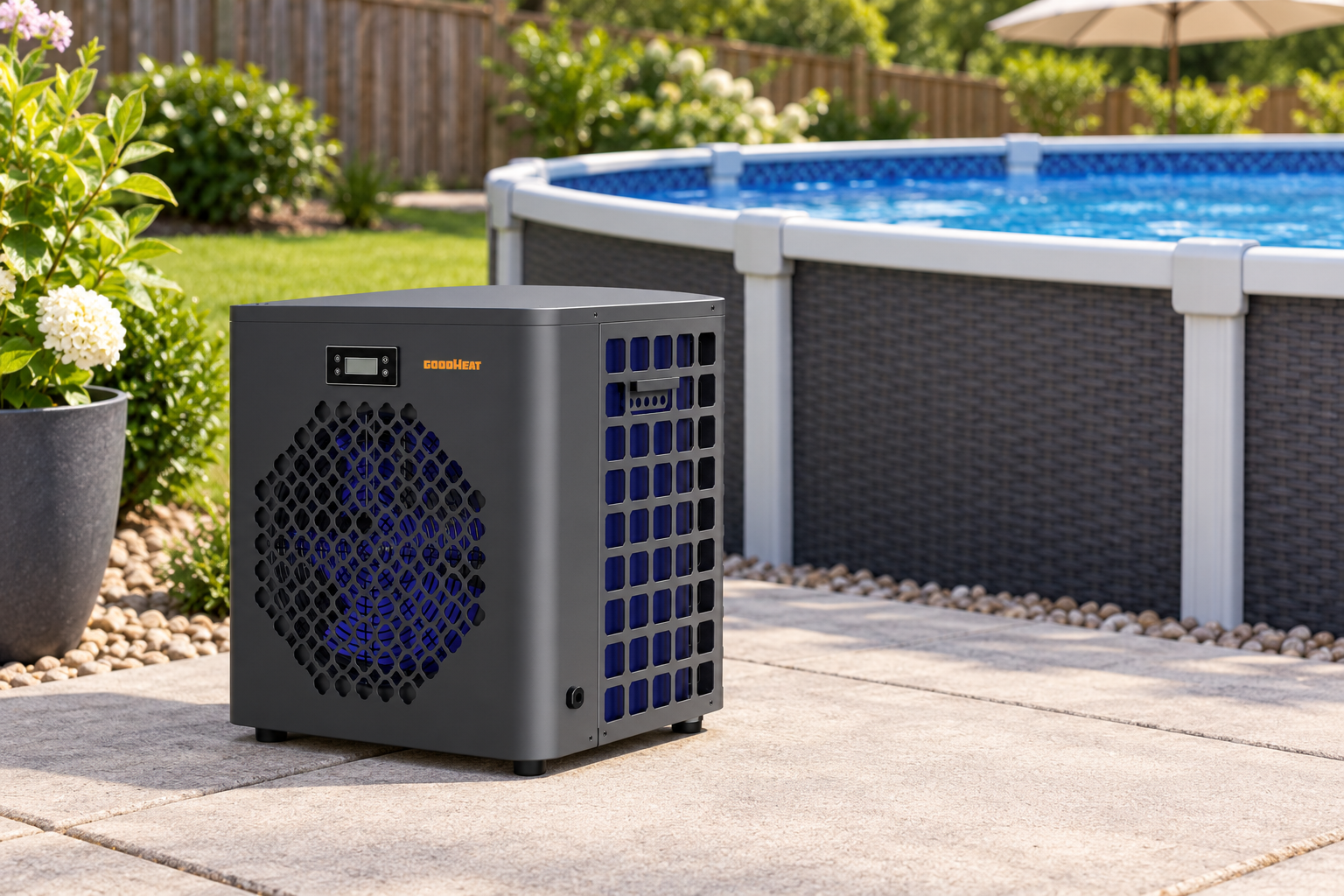 R290 mini swimming pool heat pump, front-right view on a white background