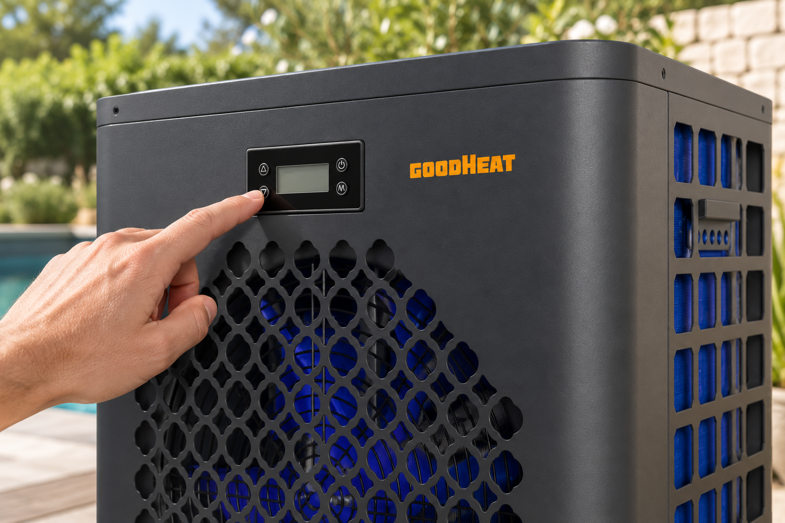 Close-up of the original small LCD controller on an R290 mini pool heat pump