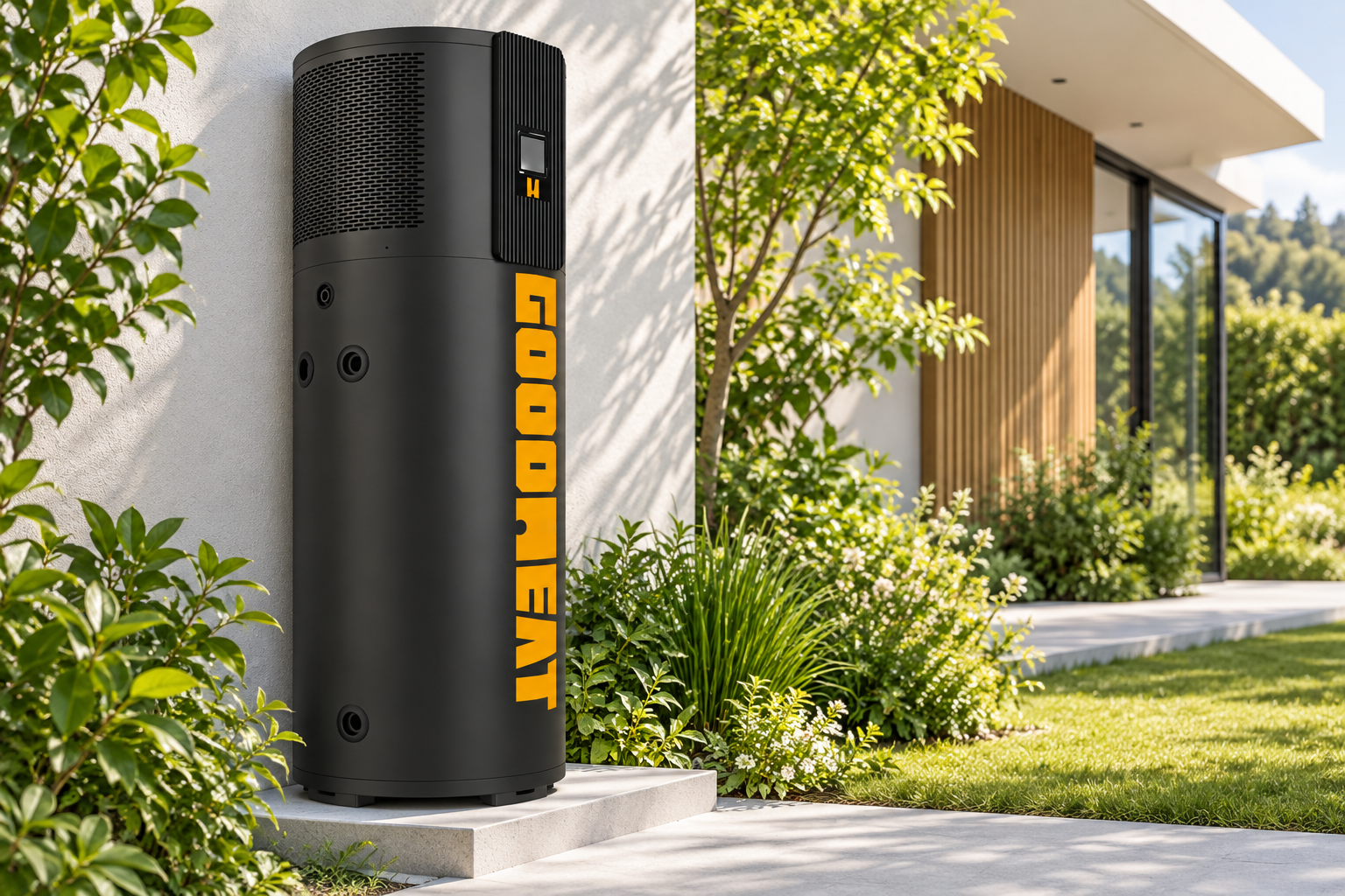 GOODHEAT R290 inverter heat pump water heater in a ventilated outdoor garden setting