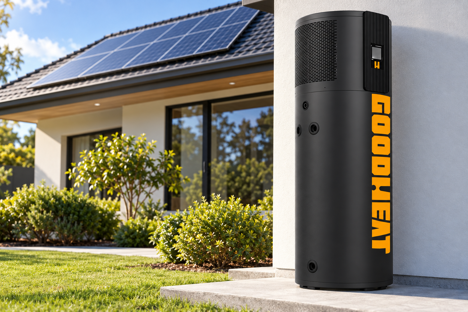 GOODHEAT R290 PV direct-driven all-in-one water heater beside a home with rooftop solar panels
