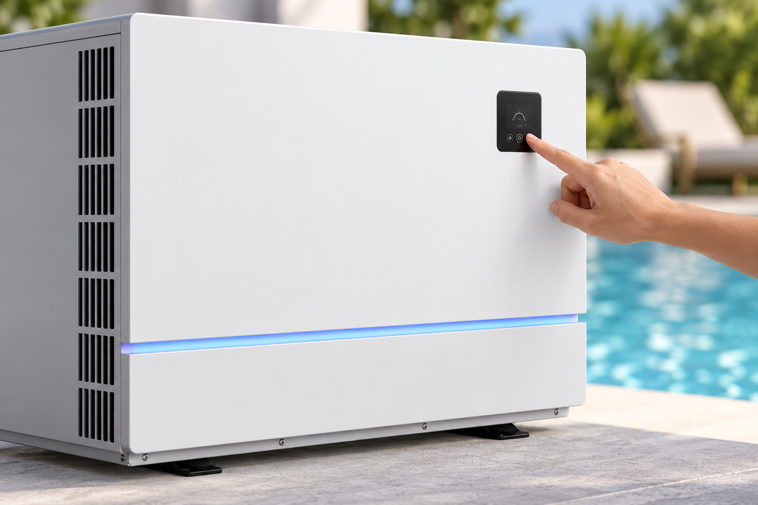 Close-up of the original LCD controller on a white R32 side discharge pool heat pump