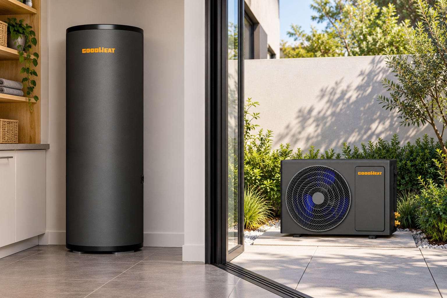 GOODHEAT R32 split water heater with an indoor storage tank and outdoor heat pump
