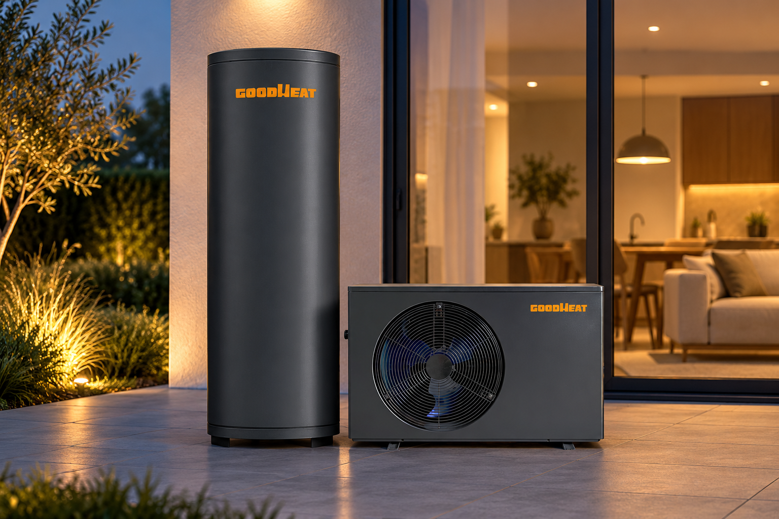 GOODHEAT R410A heat pump water heater in a quiet residential outdoor setting
