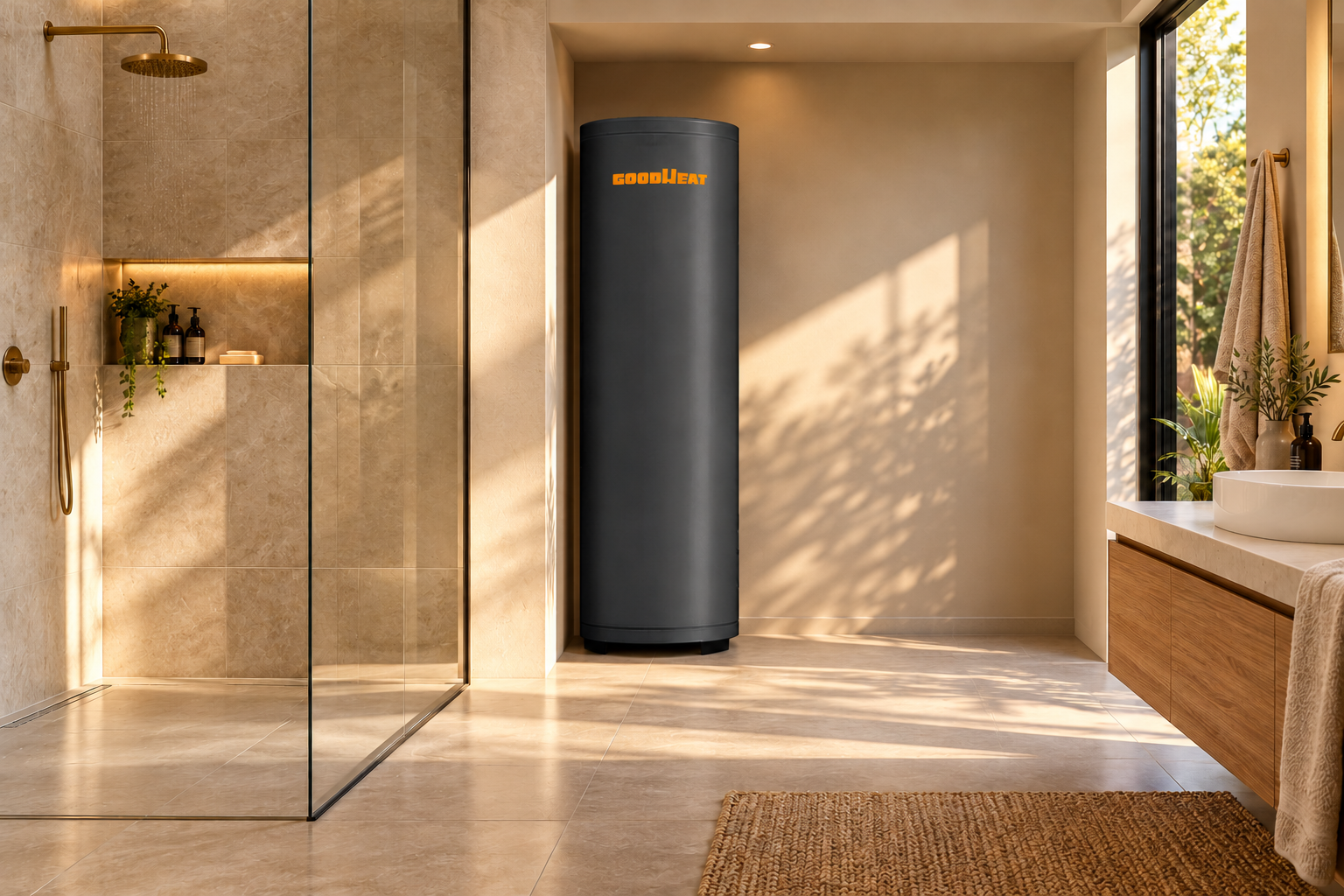 GOODHEAT separate hot-water tank in a home utility alcove beside a bathroom