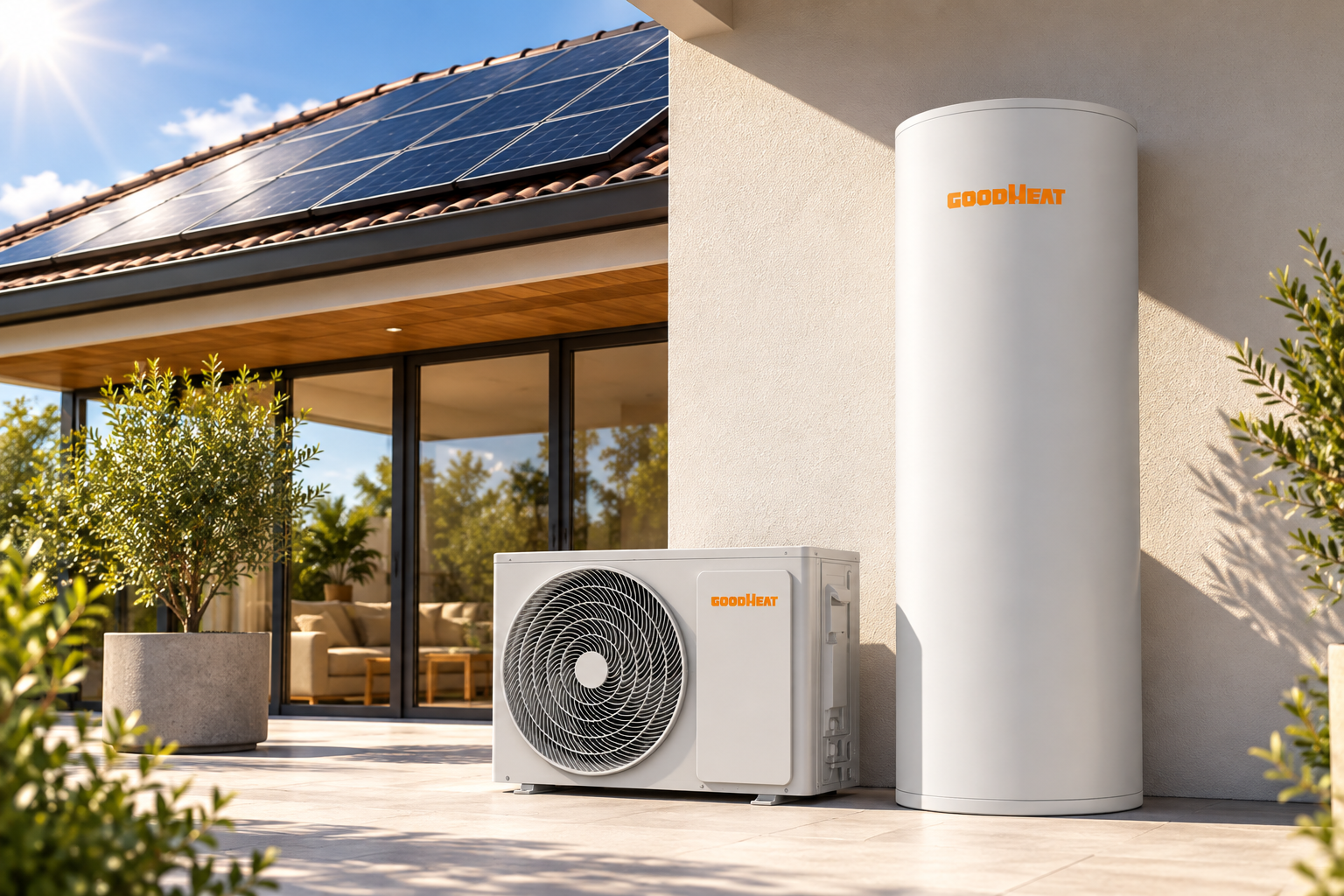 Θερμοσίφωνα GOODHEAT R134a PV διαιρούμενη αντλία θερμότητας δίπλα σε σπίτι με ηλιακούς συλλέκτες στον τελευταίο όροφο