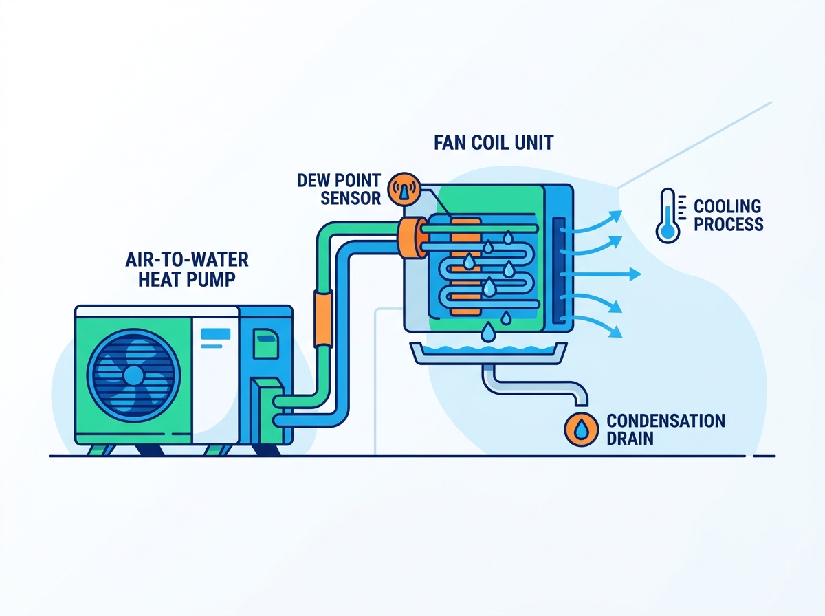 Air-to-water heat pump cooling and condensation management