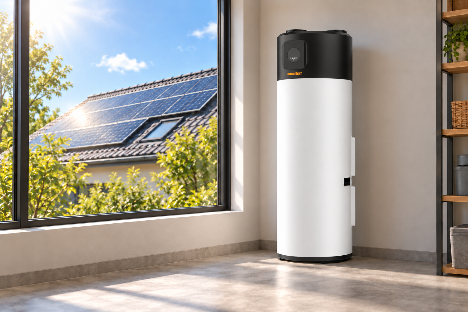 GOODHEAT R290 PV direct-driven water heater indoors with rooftop solar panels visible outside