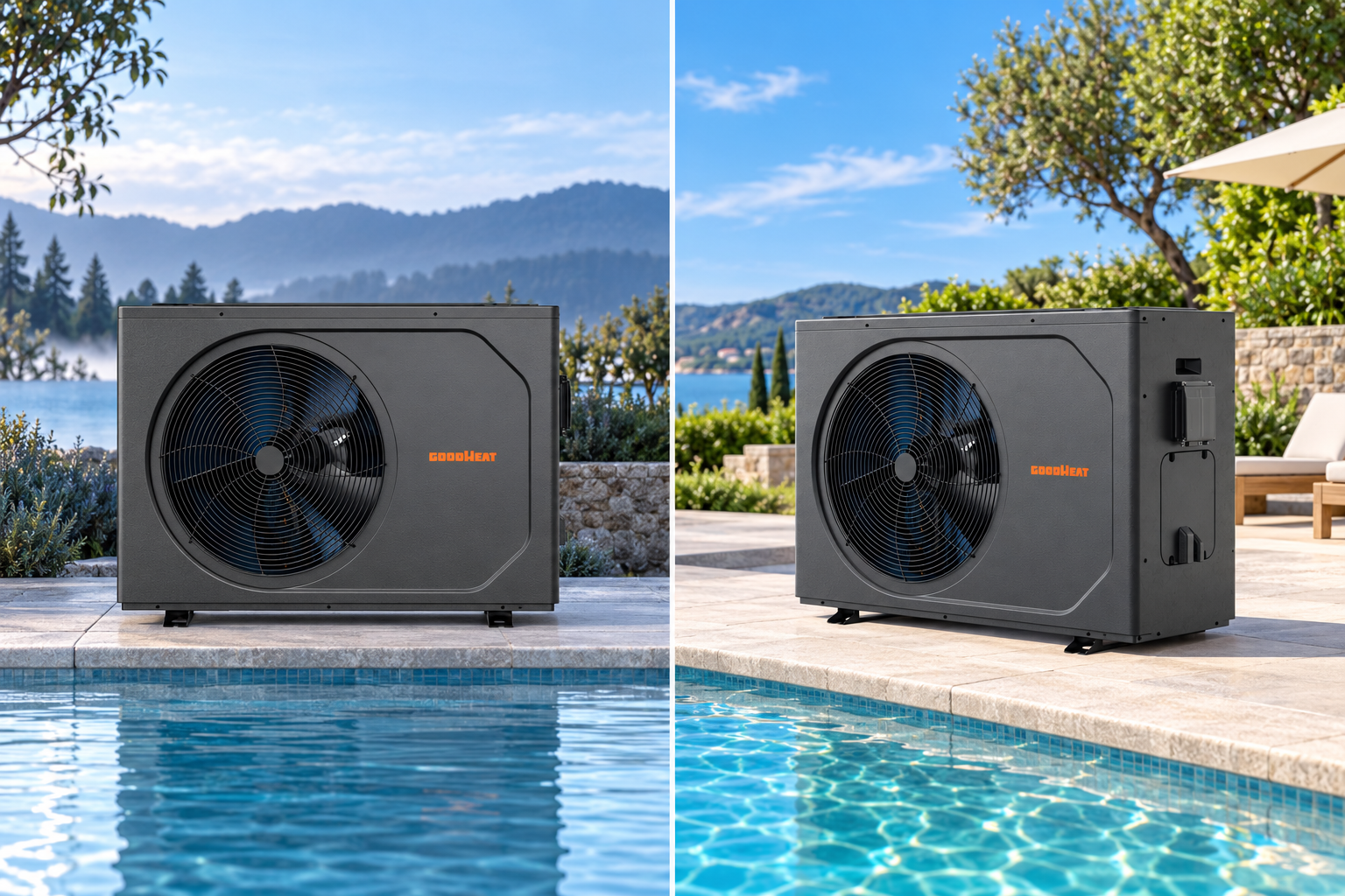 R32 pool heat pump shown in spring and summer swimming pool settings