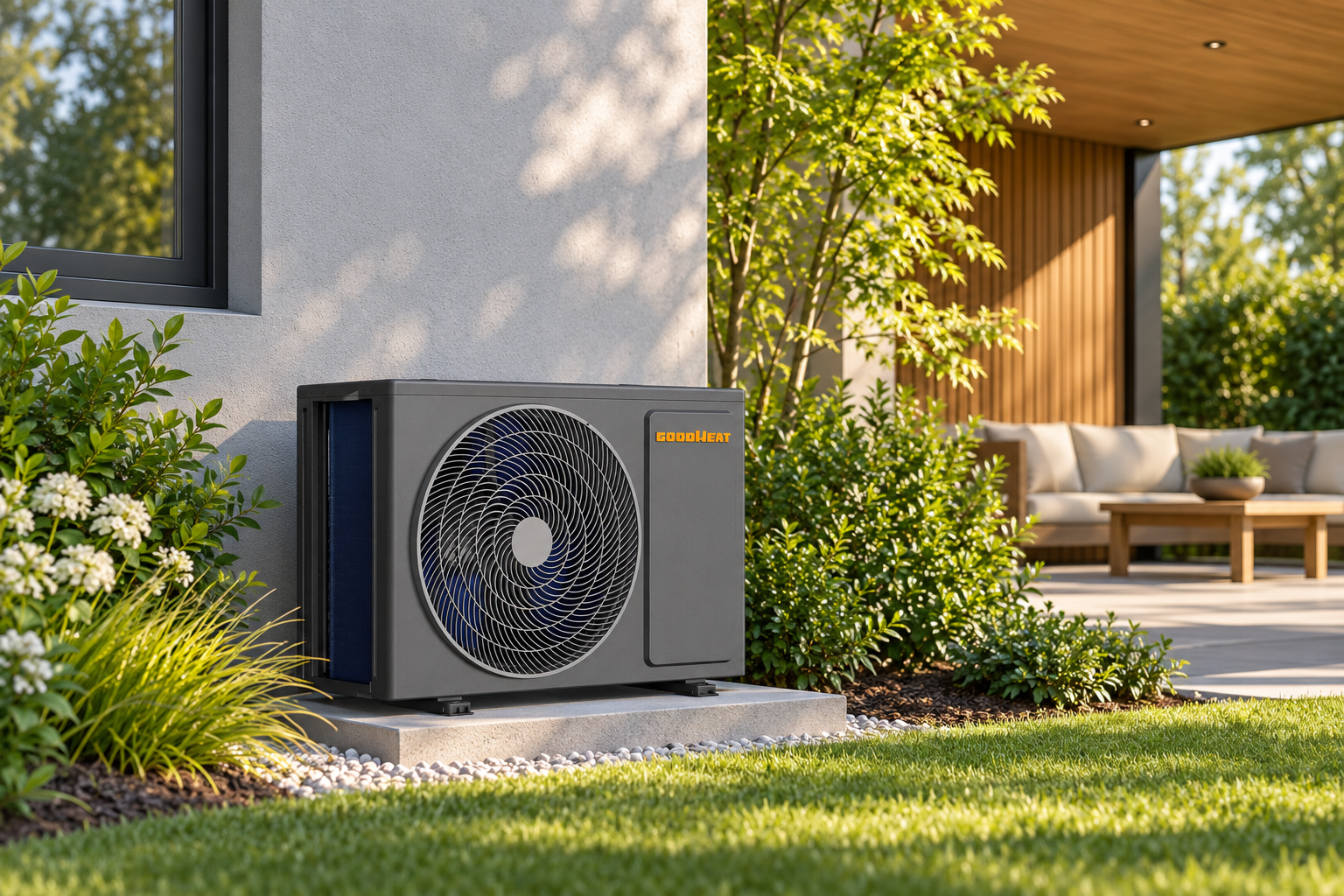 GOODHEAT R32 inverter outdoor unit beside a residential patio