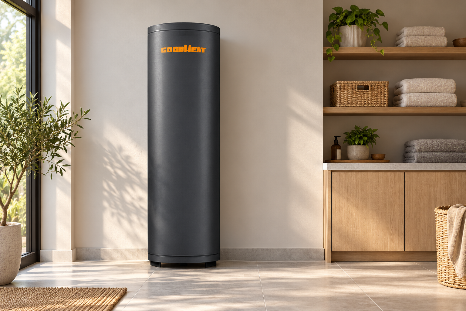 Slim GOODHEAT separate hot-water storage tank in a tidy utility room