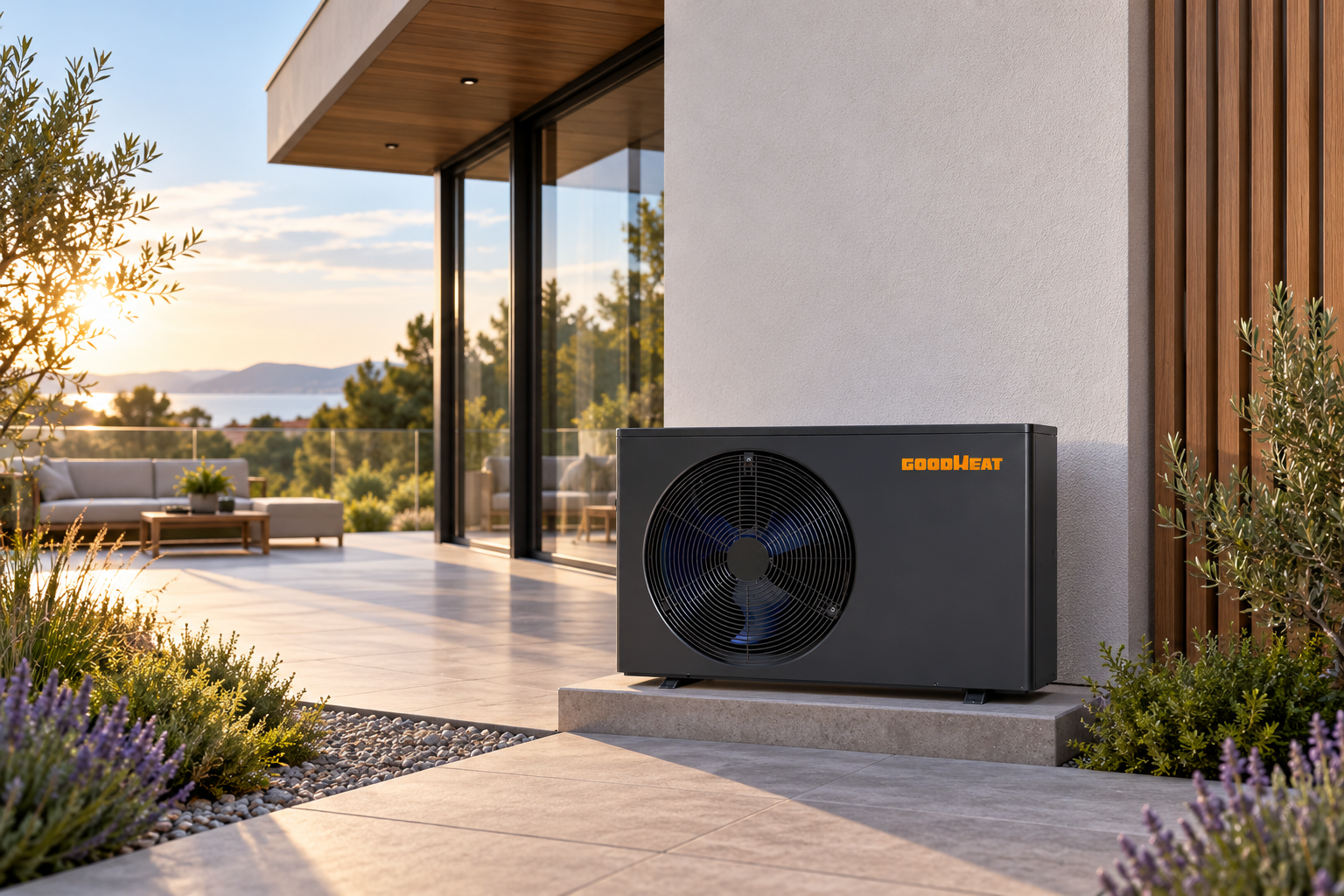 GOODHEAT R410A outdoor water-heating unit beside a residential terrace