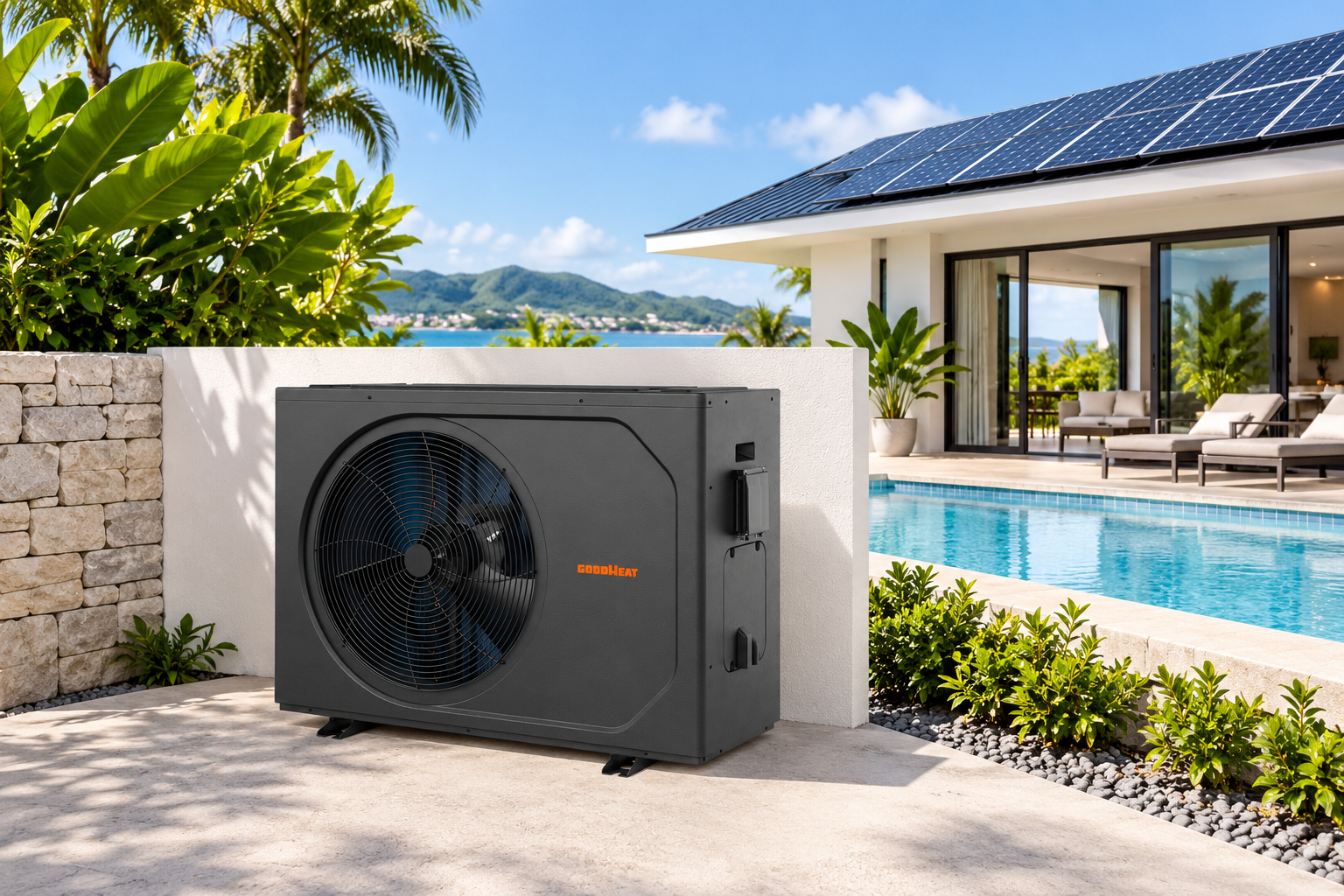 R32 PV direct-drive pool heat pump with rooftop solar panels at a pool villa