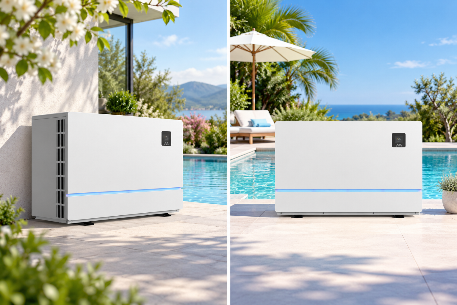 R32 pool heat pump in cool spring and sunny summer swimming pool scenes