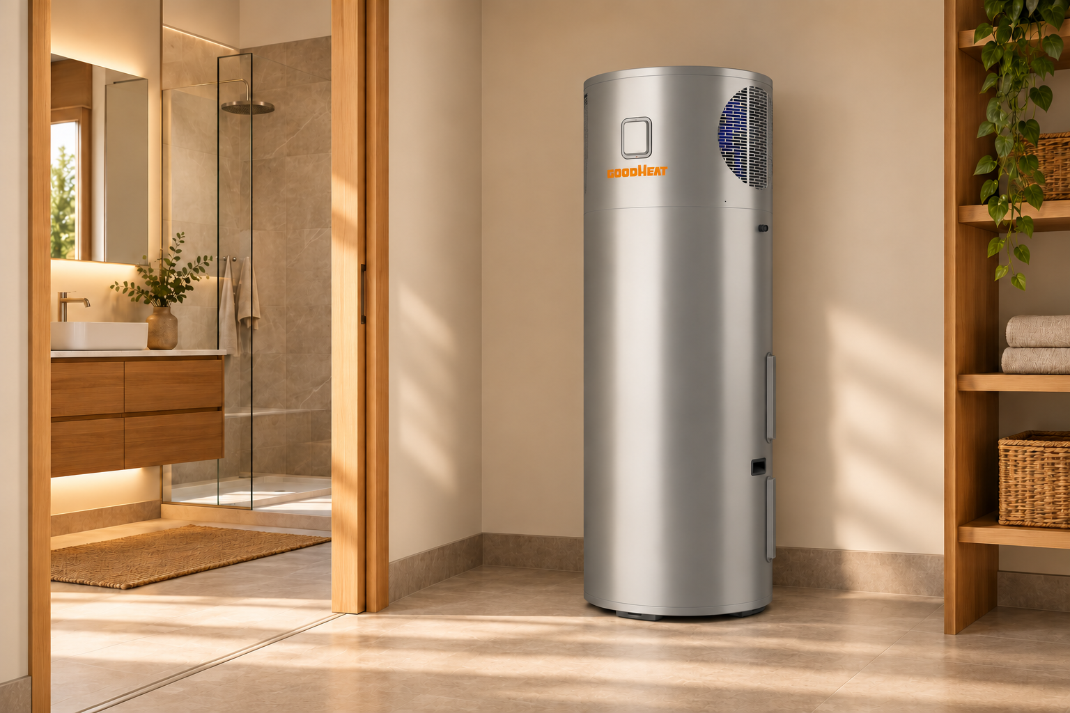 GOODHEAT integrated hot-water cylinder beside a home bathroom