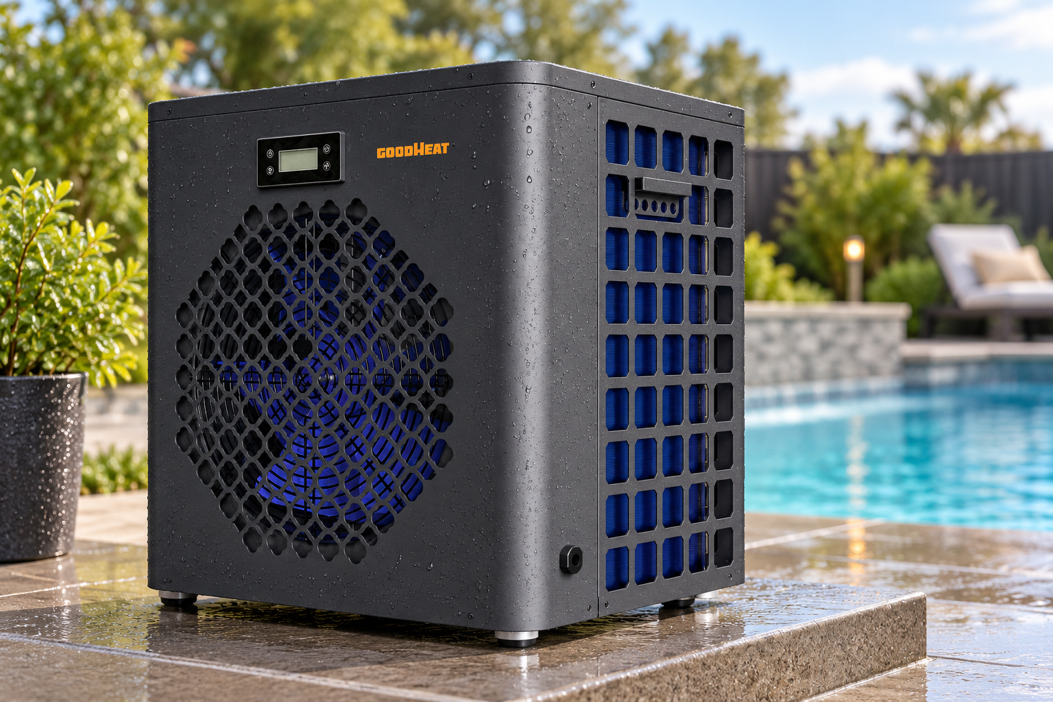 Compact R290 pool heat pump on an outdoor slab after light rain