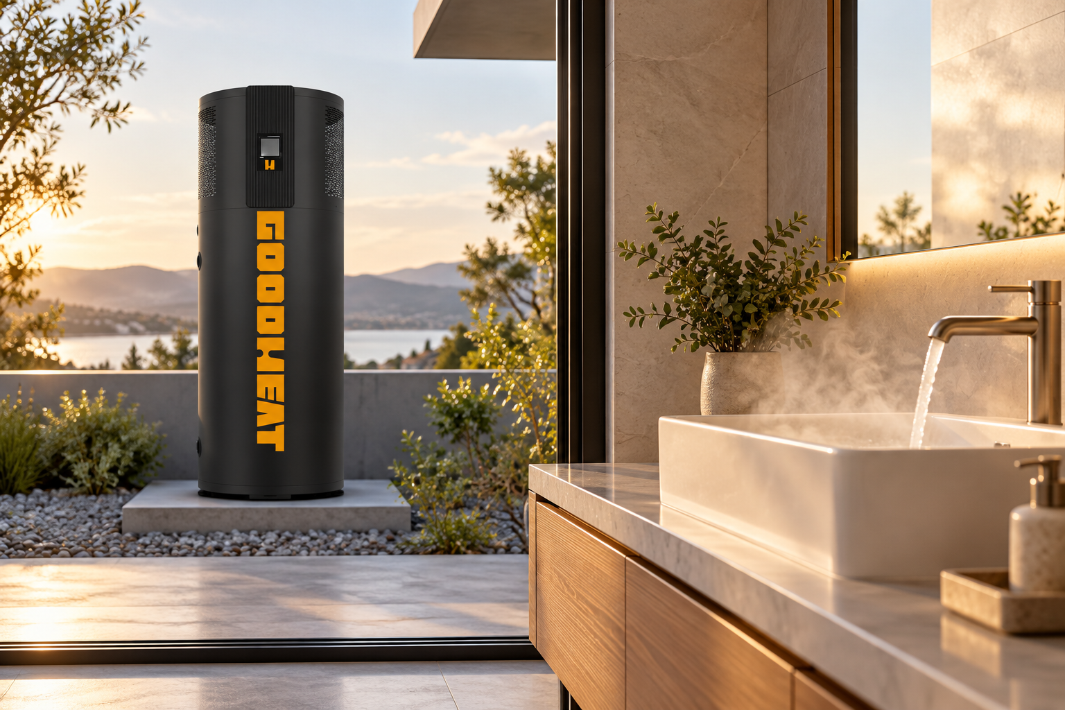Domestic hot-water use with a GOODHEAT all-in-one heat pump water heater outdoors