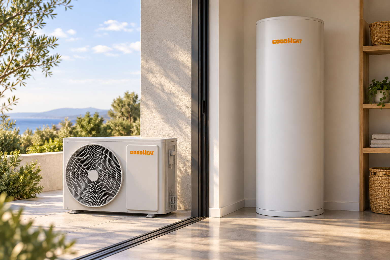 GOODHEAT R134a split σύστημα με εξωτερική αντλία θερμότητας και εσωτερική δεξαμενή ζεστού νερού