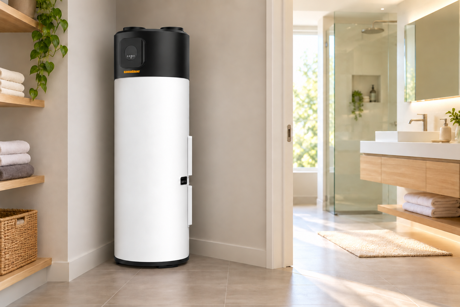 GOODHEAT R290 floor-standing heat pump water heater beside a modern bathroom