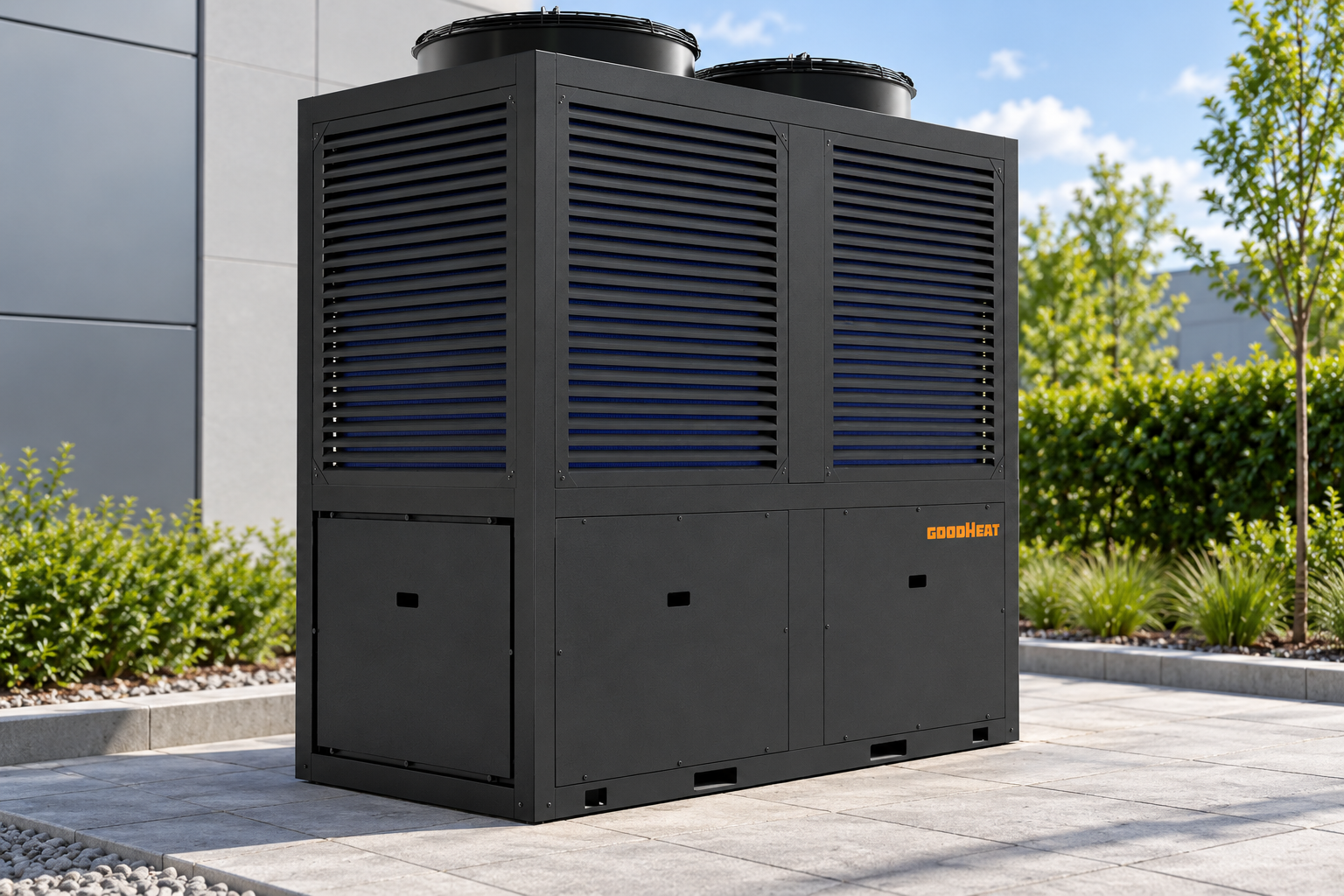 GOODHEAT R290 commercial inverter heat pump with twin top fans and service panels
