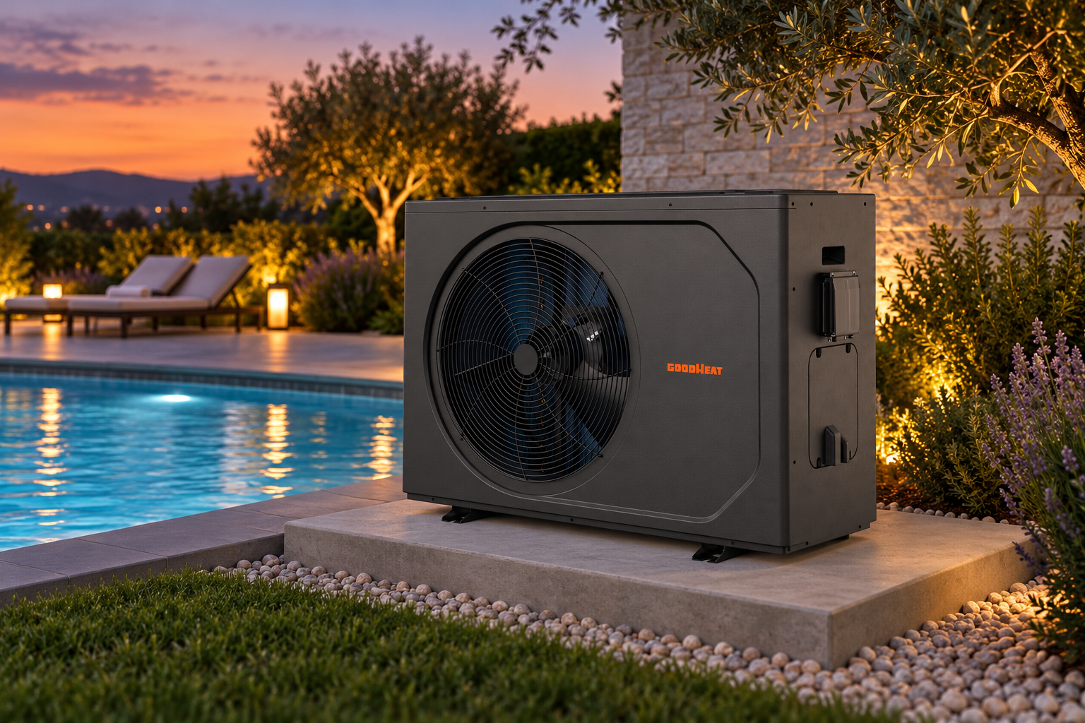 R32 front discharge inverter pool heat pump beside a calm garden pool at dusk