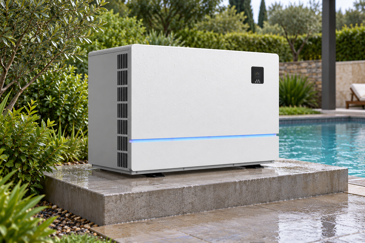 White R32 side discharge pool heat pump installed outdoors after light rain
