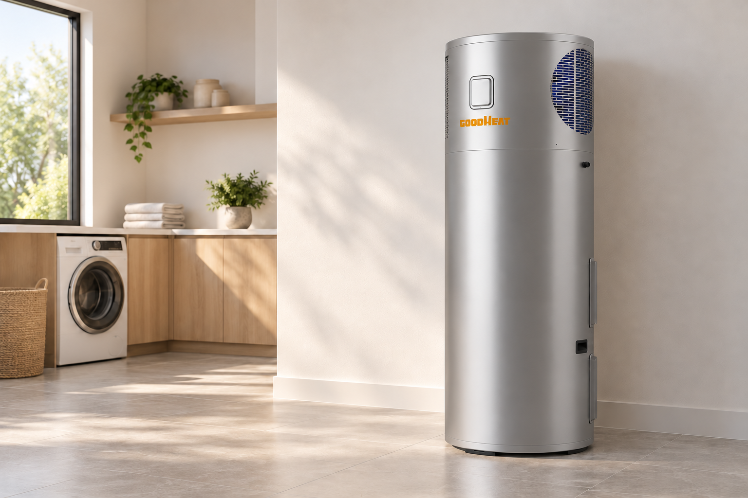 Side ventilation grille on a GOODHEAT R134a water heater in a laundry room
