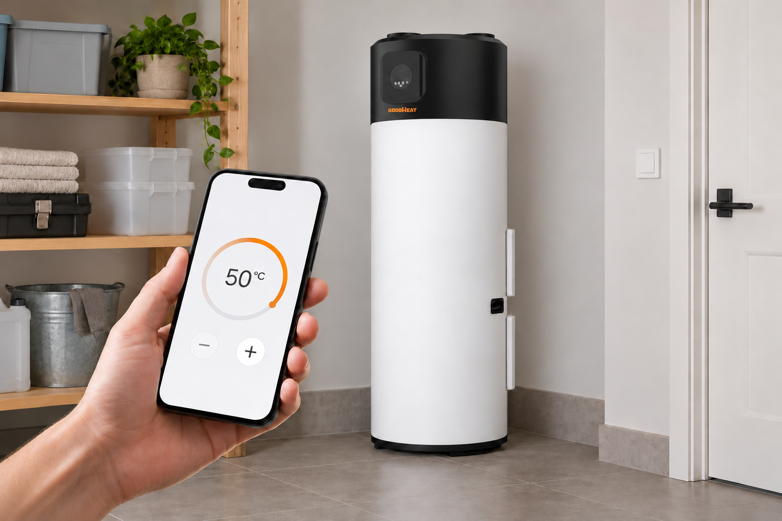 Hand holding a smartphone beside a GOODHEAT R290 water heater with LCD controls