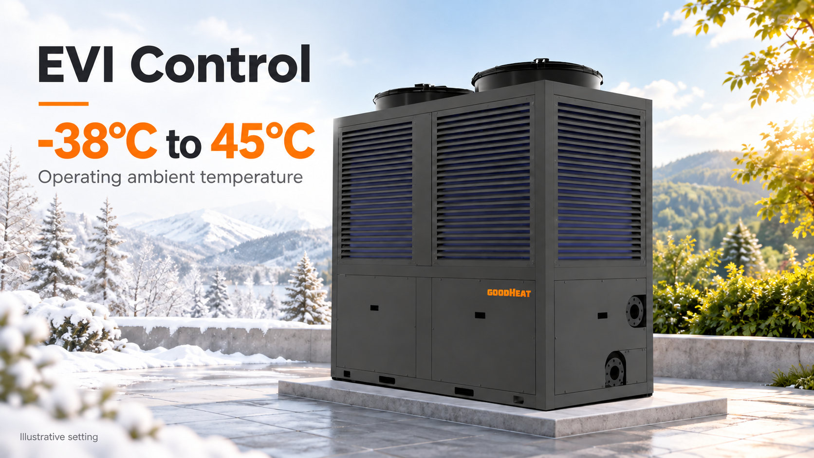 GOODHEAT EVI heat pump in winter and summer scenes, with an operating range of -38&deg;C to 45&deg;C