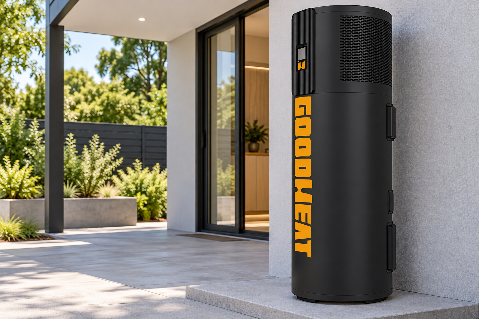 GOODHEAT R290 all-in-one side-discharge heat pump water heater outside a modern home