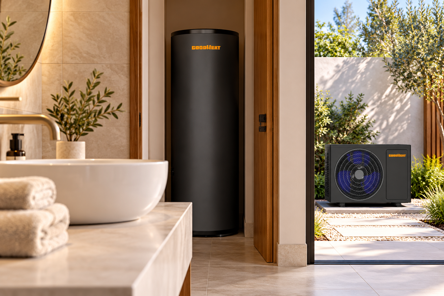 GOODHEAT R32 split heat pump water heater serving a modern home bathroom