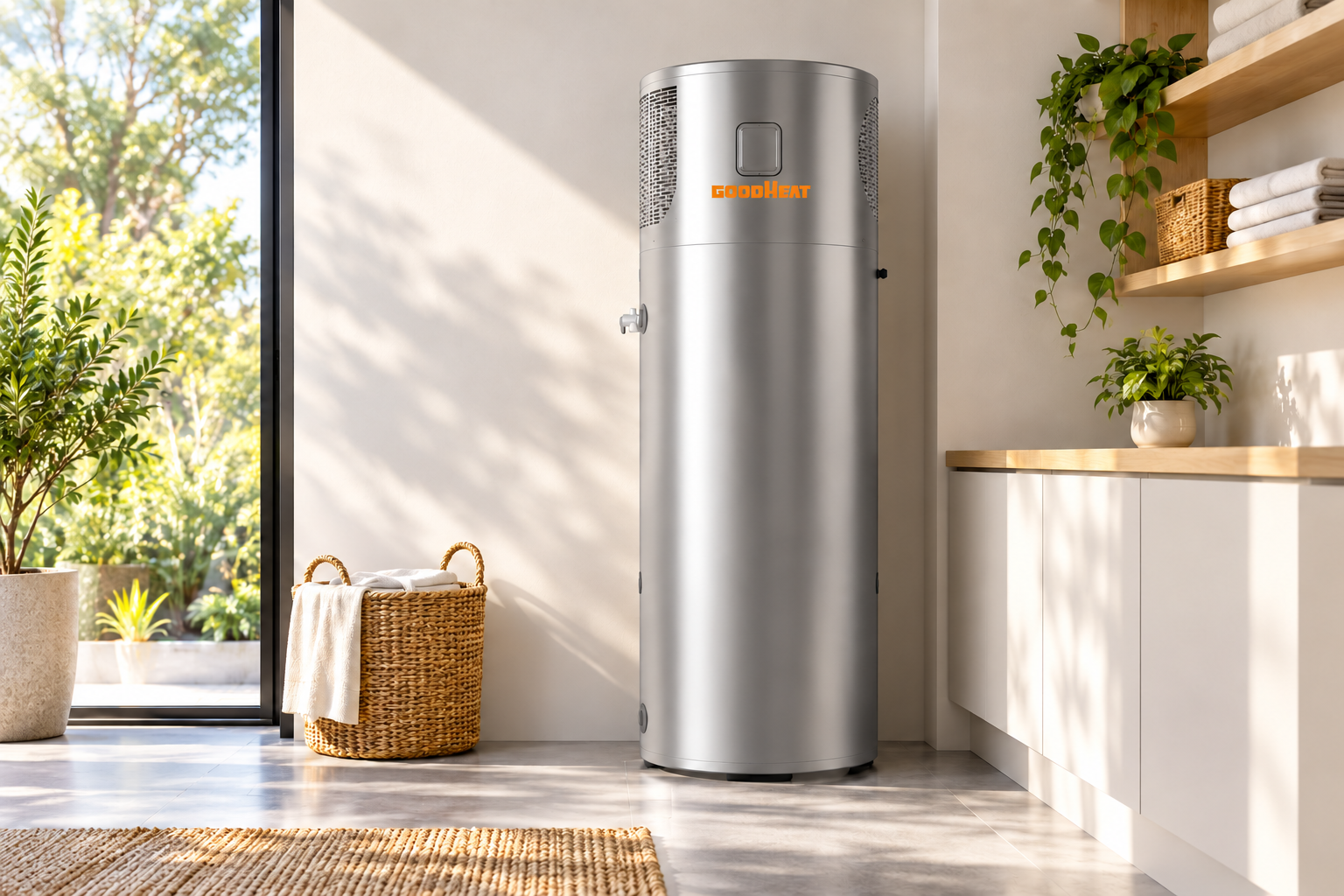 GOODHEAT R134a all-in-one water heater in a ventilated utility room