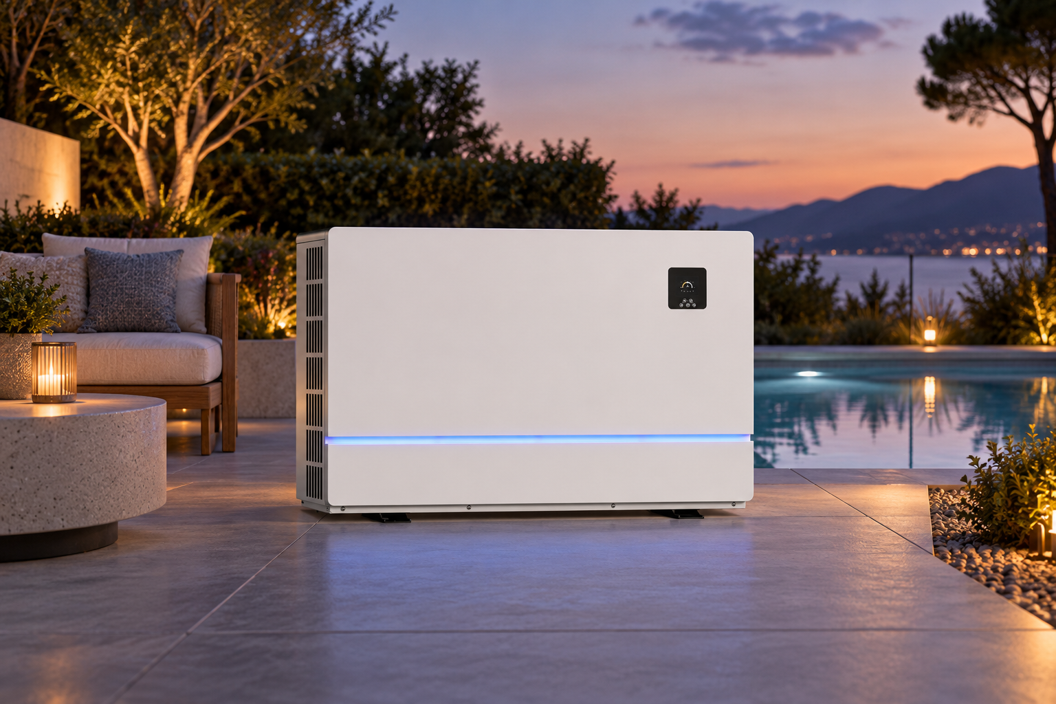 R32 inverter side discharge swimming pool heat pump beside a calm pool at dusk