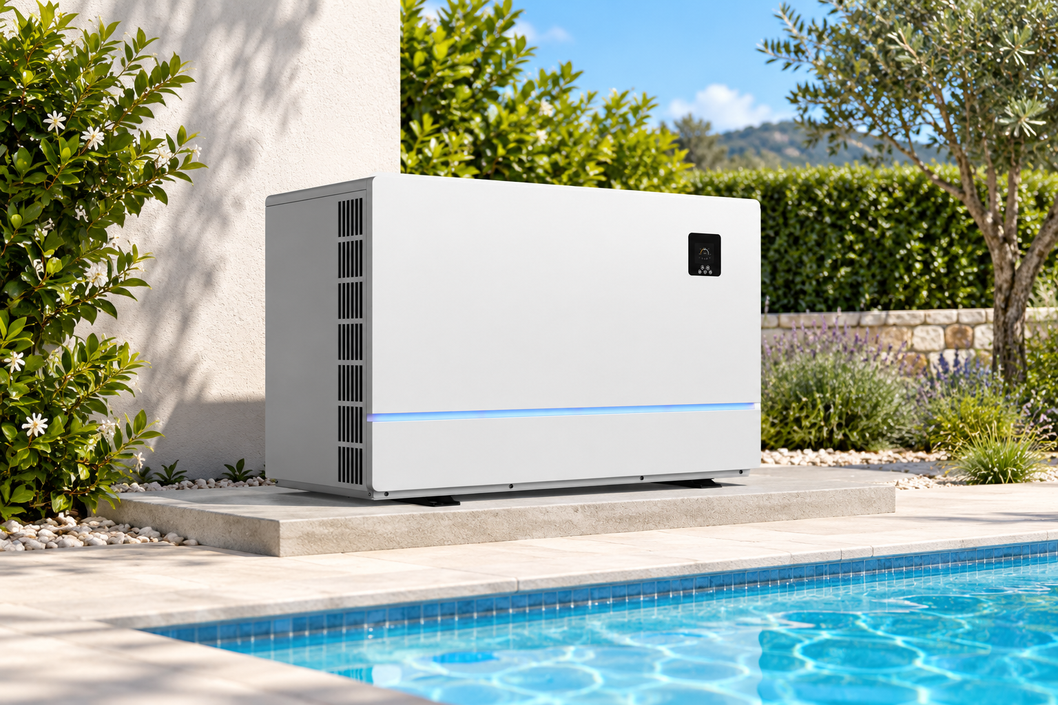 R32 side discharge pool heat pump with a clean front panel in a pool garden