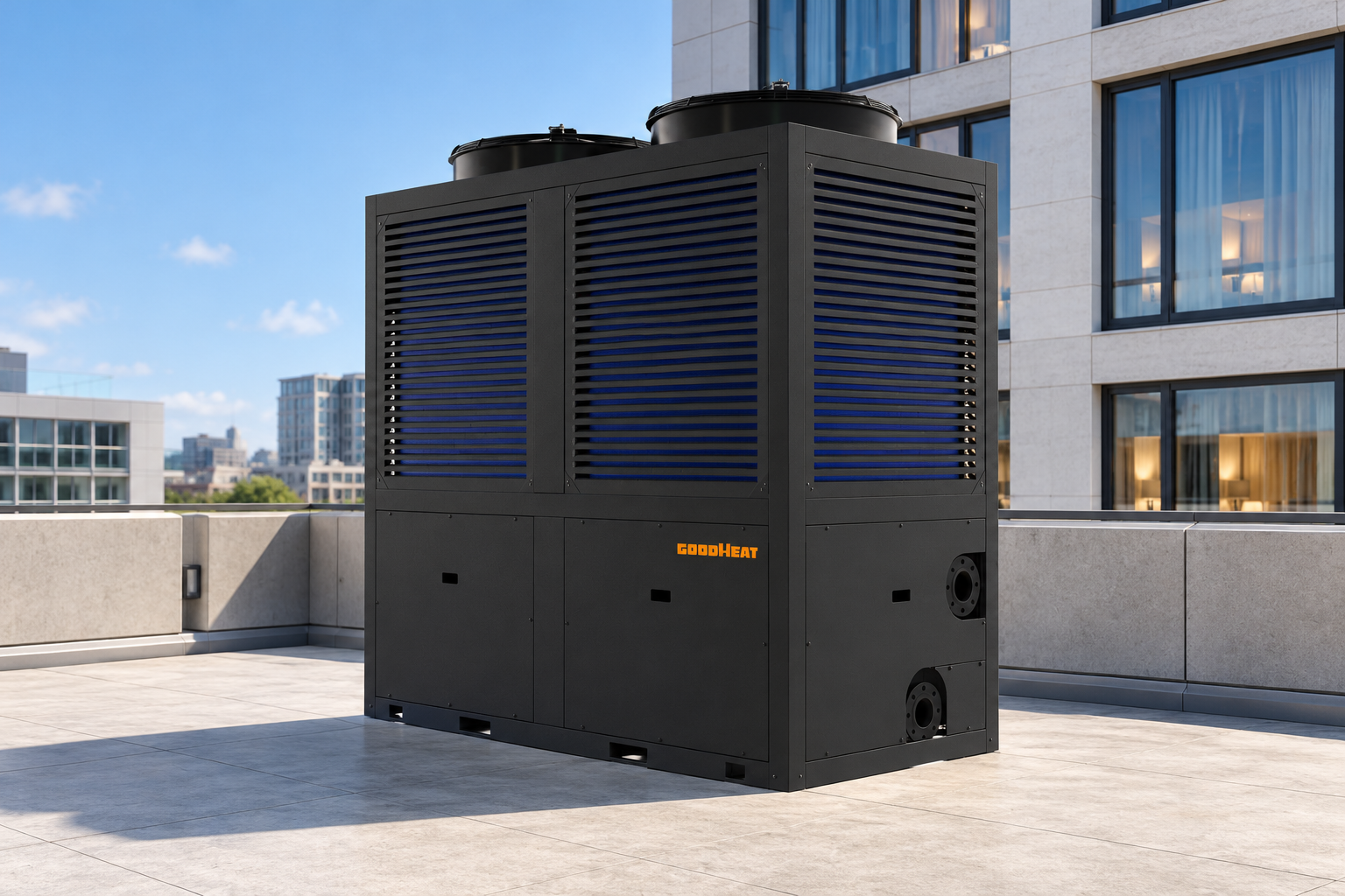 GOODHEAT R290 commercial heat pump water heater on a hotel service terrace