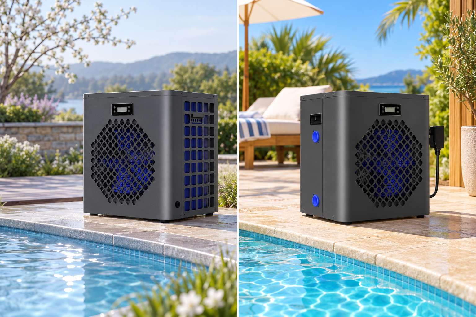 R290 mini pool heat pump shown in spring and summer pool settings