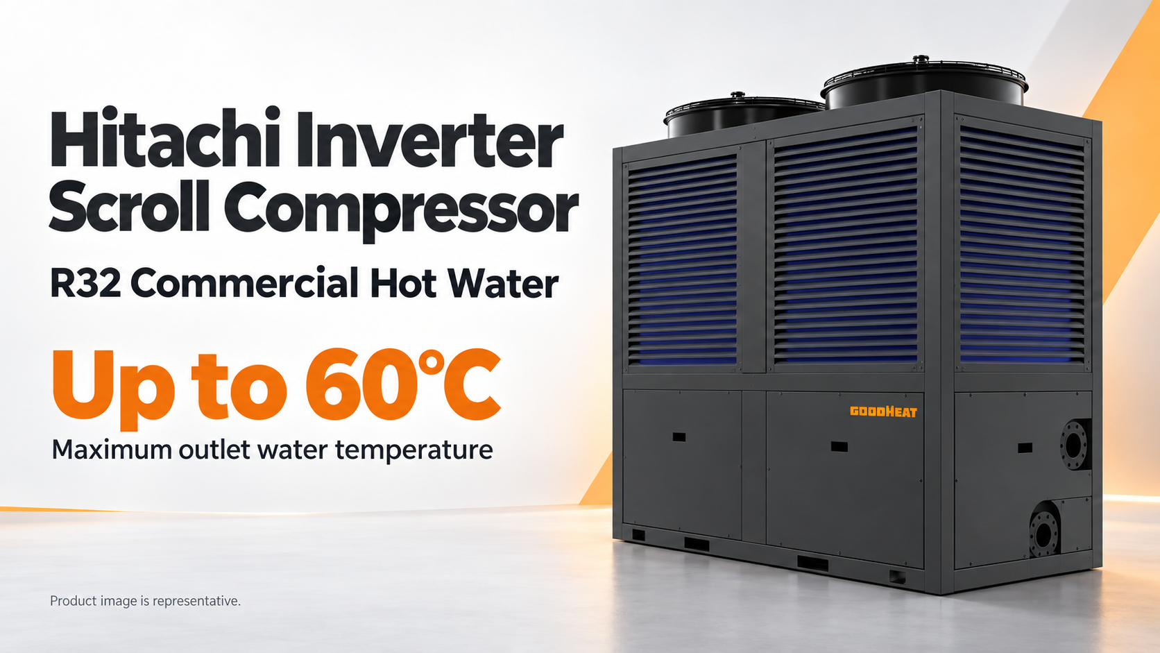 GOODHEAT R32 heat pump featuring a Hitachi inverter scroll compressor and hot water up to 60&deg;C
