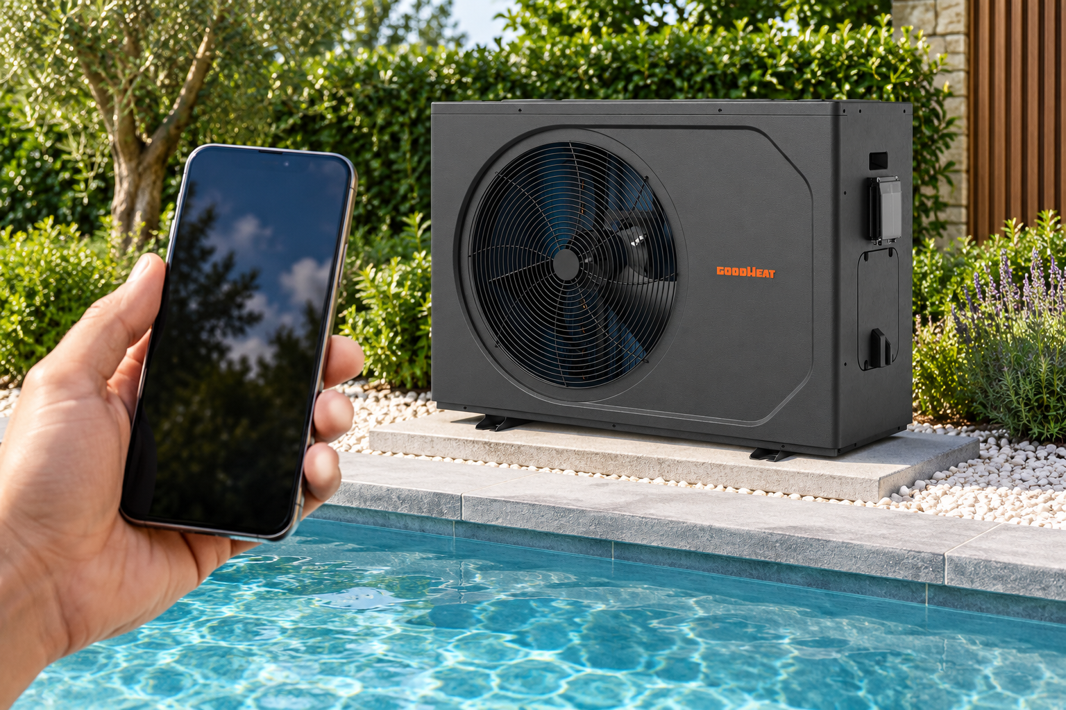 Smartphone held near an R32 inverter pool heat pump in a garden