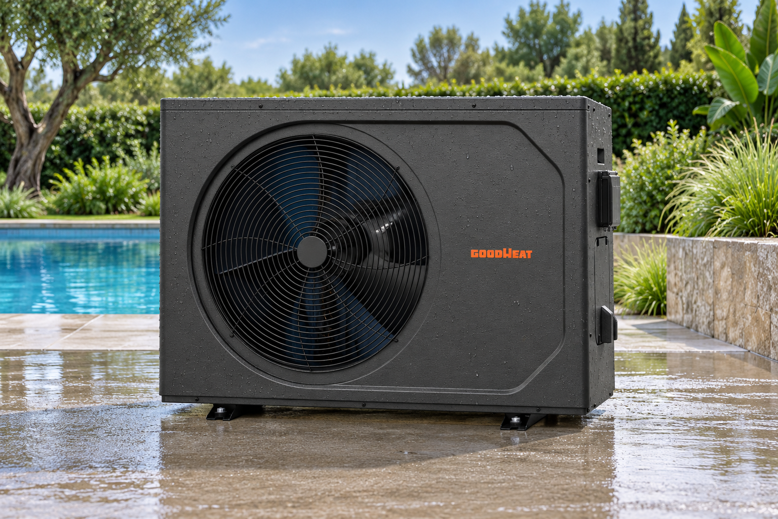 R32 front discharge pool heat pump installed outdoors after light rain