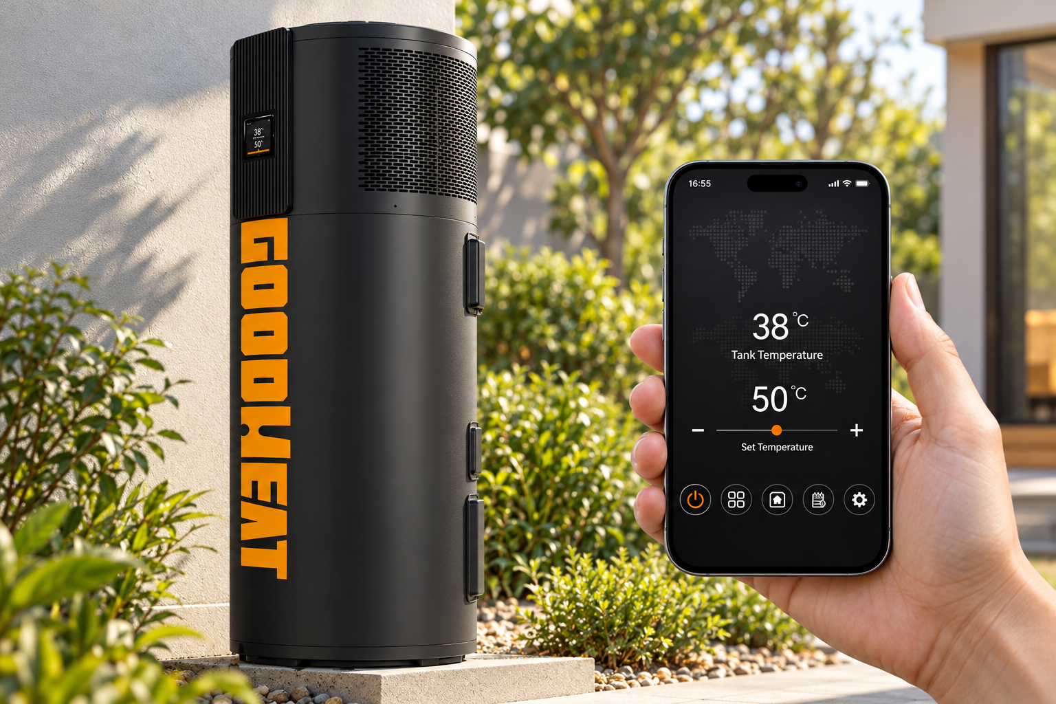 Hand holding a smartphone with tank-temperature controls beside a GOODHEAT heat pump water heater