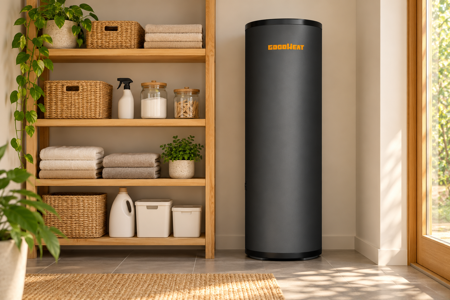 GOODHEAT hot-water storage tank in a home utility room