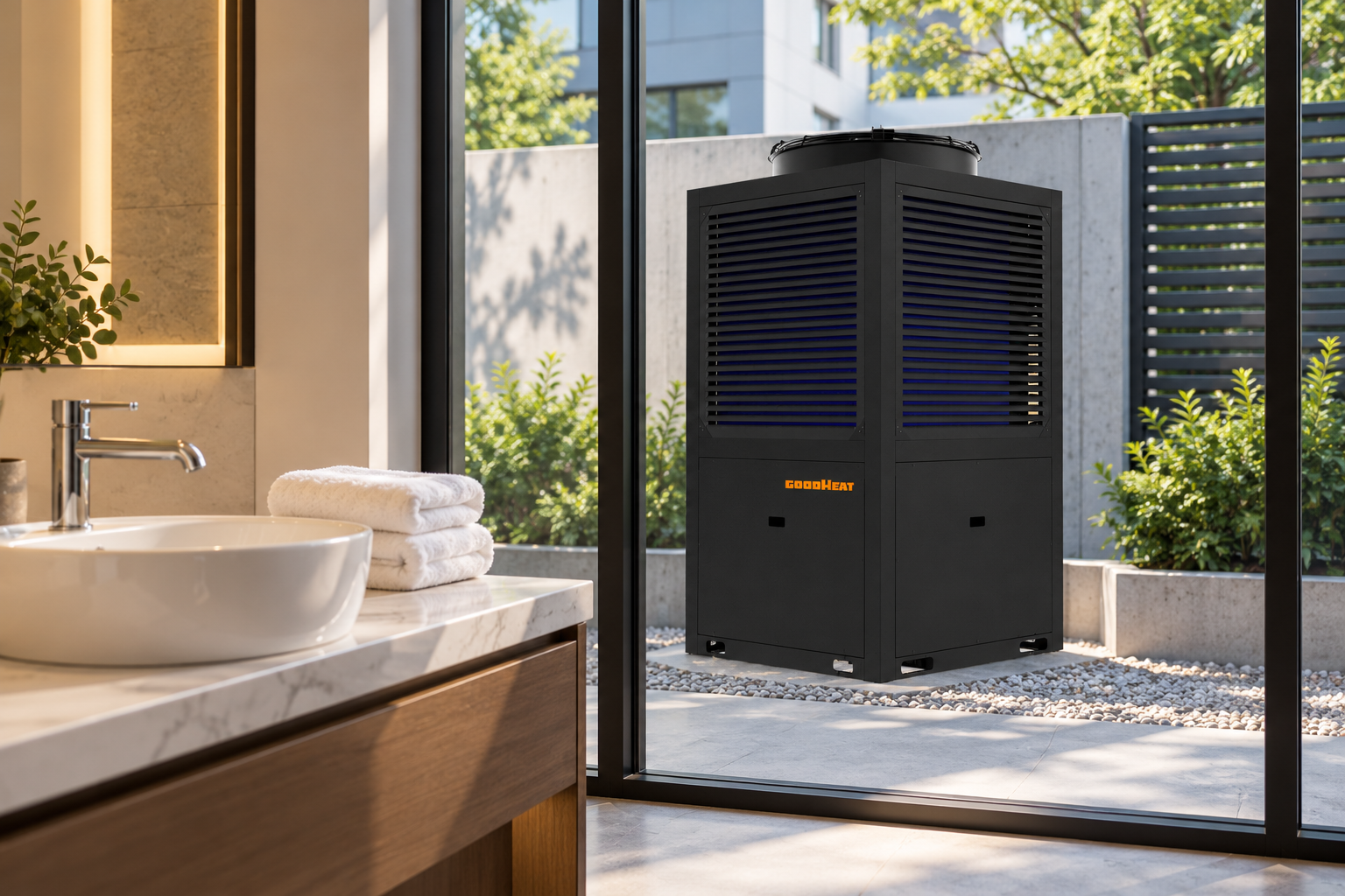 GOODHEAT R290 heat pump water heater outside a building with a washbasin visible indoors