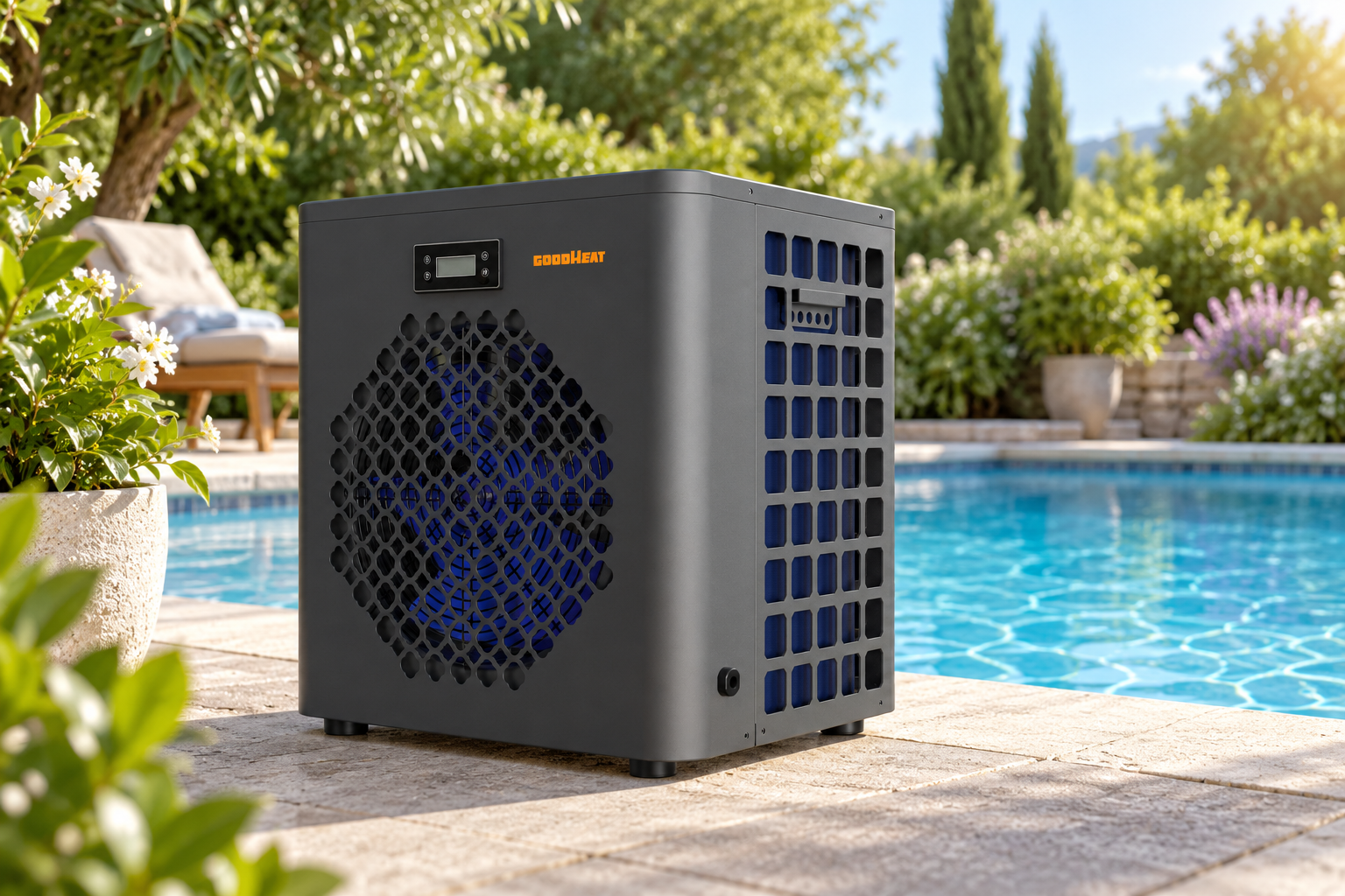 Compact R290 mini heat pump beside an above-ground backyard swimming pool