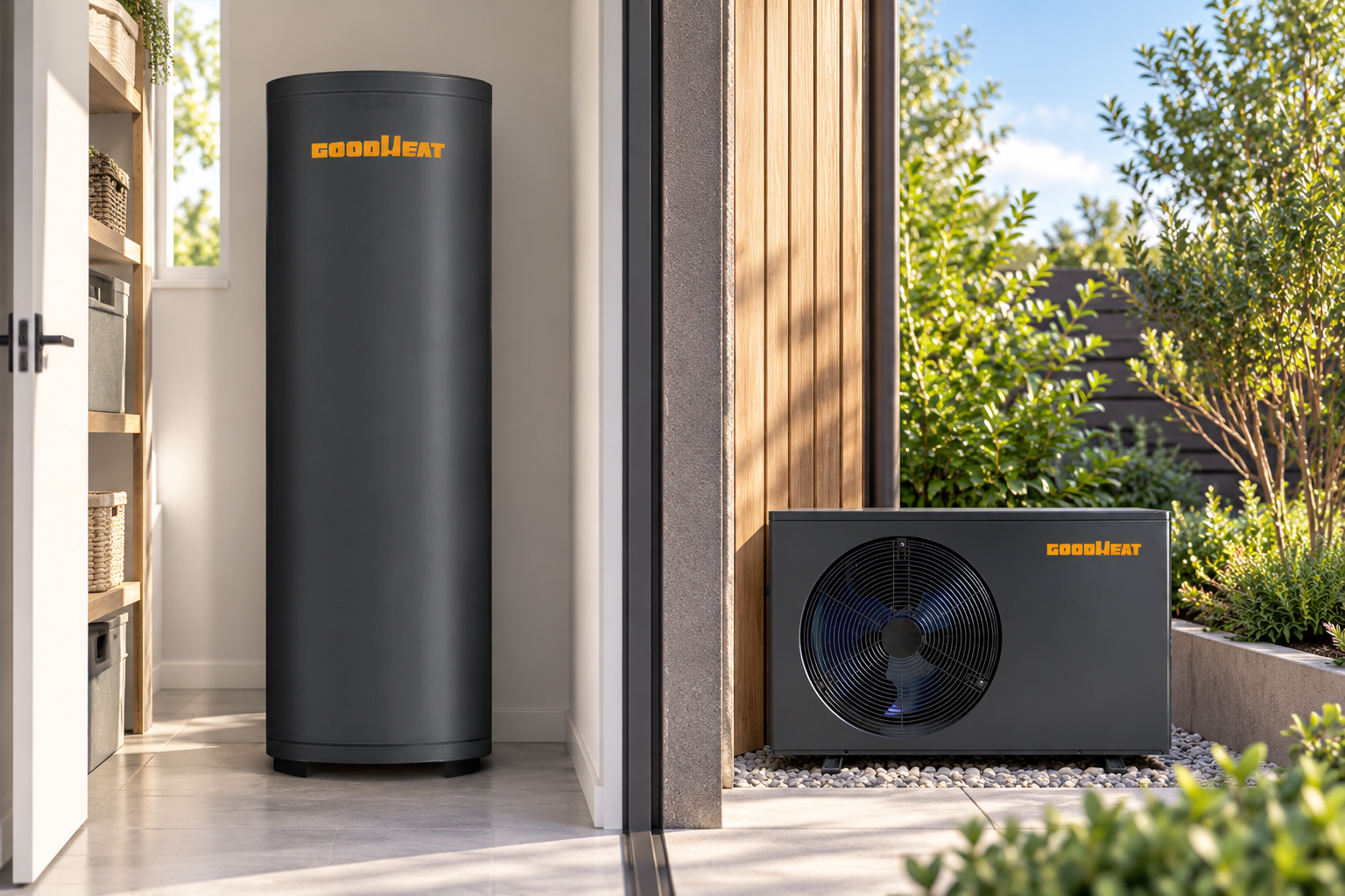 GOODHEAT R410A water-cycle split system with an indoor tank and outdoor heat pump