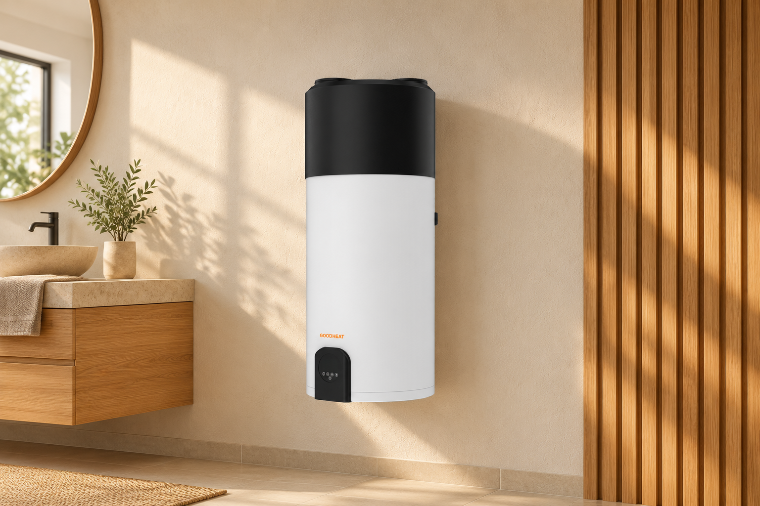 GOODHEAT R290 wall-mounted heat pump water heater in a bright utility room